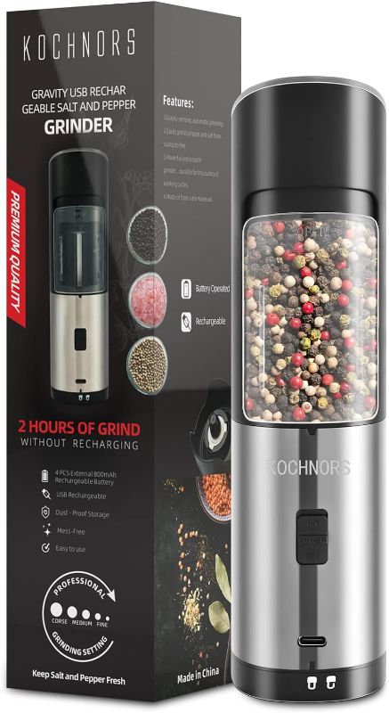 Photo 1 of Kochnors USB Rechargeable Pepper Grinder, Gravity Electric Pepper Grinder with 6 Level Adjustable Coarseness, One Handed Operated Salt and Pepper Grinder for Kitchen, Restaurant and BBQ
