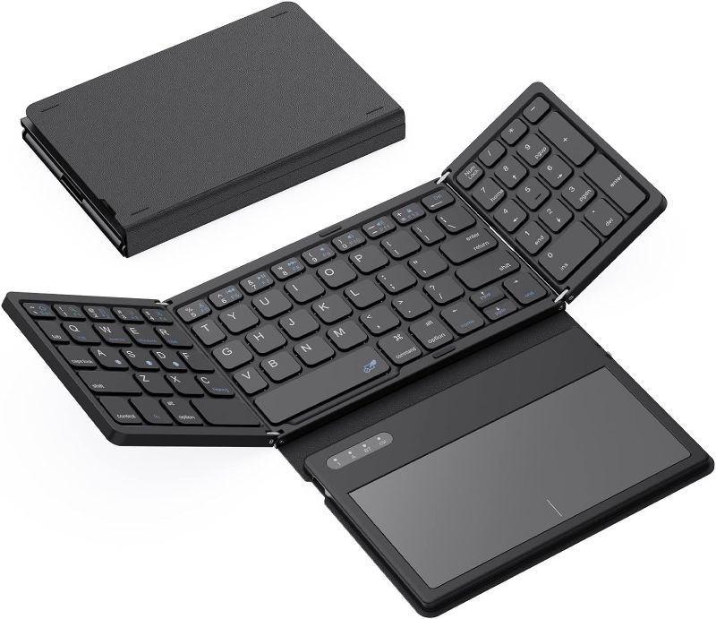 Photo 1 of GEODMAER Foldable Bluetooth Keyboard, Portable Full Size Bluetooth Keyboard with Large Touchpad, Rechargeable Tri-Folding Ultra Slim Travel Keyboard for Windows iOS Android Mac, Sync up to 3 Devices
