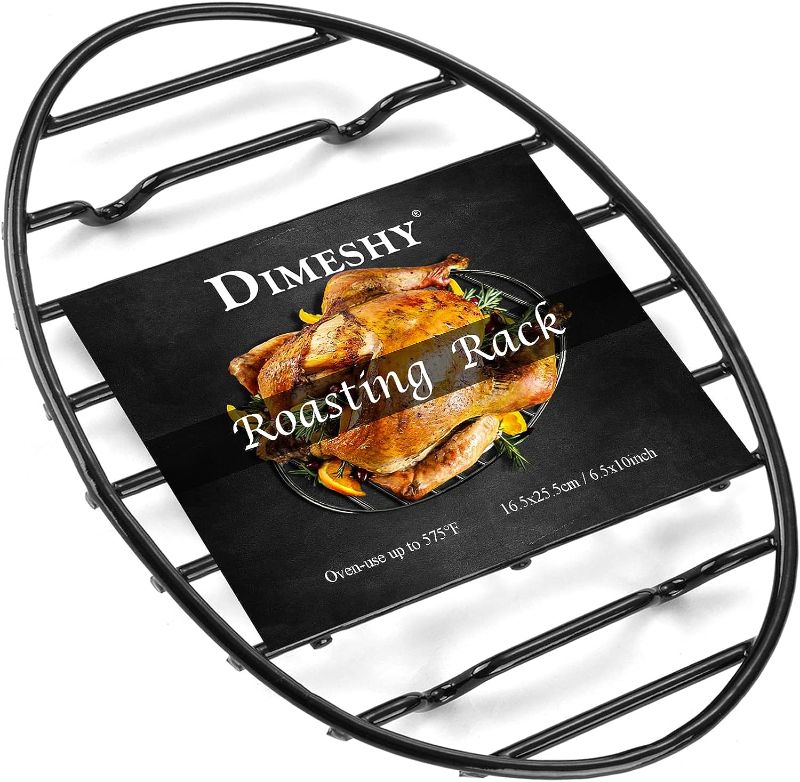 Photo 1 of DIMESHY Roasting Rack, Black with Integrated Feet, Enamel Finished, Nonstick, fit for 13 inches oval roasting pan, safety, dishwasher, Great for Basting, Cooking, Drying, Cooling rack.(10”x 6.5”)
