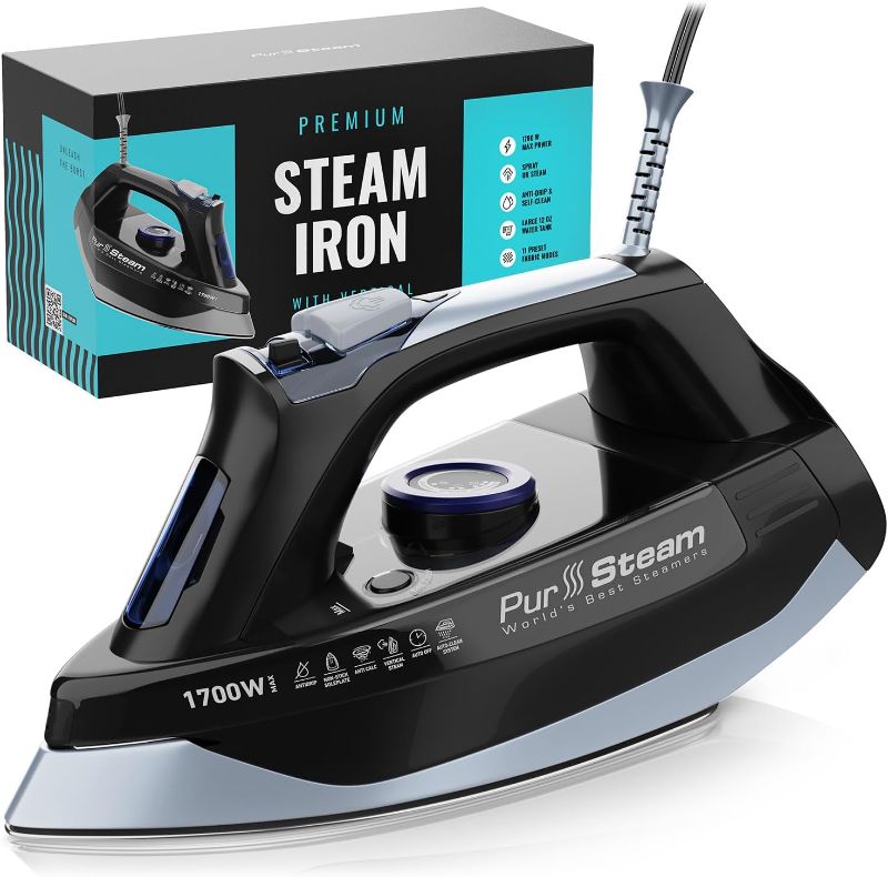 Photo 1 of Professional Grade 1700W Steam Iron for Clothes with Rapid Even Heat Scratch Resistant Stainless Steel Sole Plate, True Position Axial Aligned Steam Holes, Self-Cleaning Function
