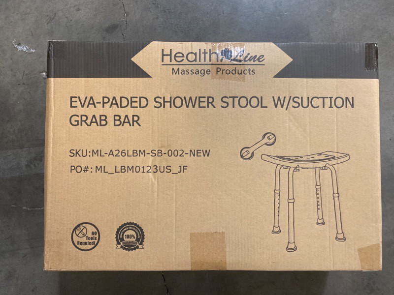 Photo 1 of Health Line Massage Products Shower Stool 350lbs Bath Seat Chair, Tool-Free Assembly Height Adjustable Bath Bench with Padded Seat for Seniors, Elderly, Disabled, Handicap and Injured
