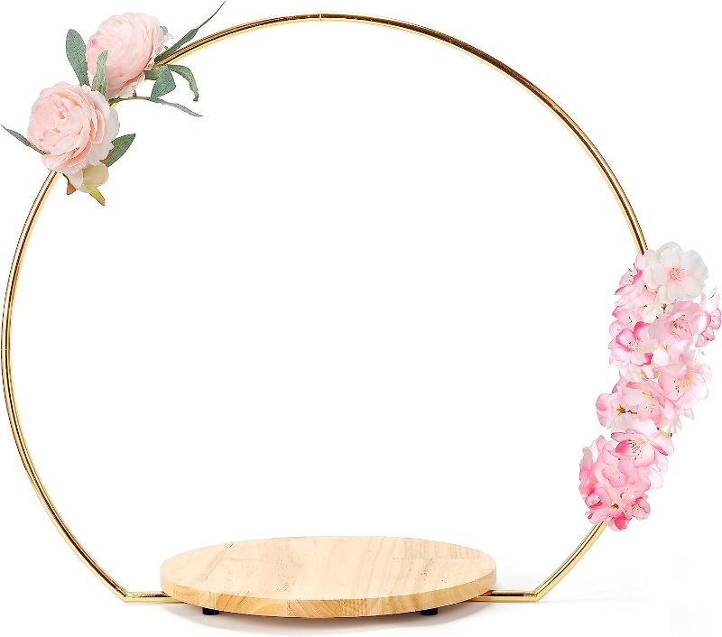 Photo 1 of Sntieecr Gold 20 Inch Metal Cake Stand with Wood Stand, Gold Tabletop Arch Metal Floral Hoop Centerpiece for Table, Cake Display Stand for Wedding Party Events Reception Decorations
