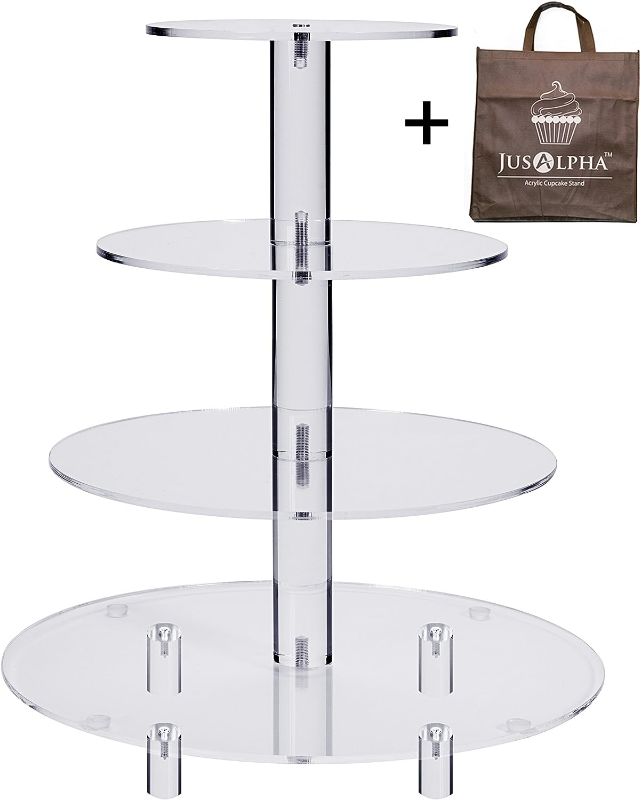 Photo 1 of Jusalpha® Large 4 Tier Acrylic Glass Round Cake Stand Cupcake Stand Dessert Tower Tea Party Serving Platter Candy Bar Party Décor with Rod Feet (4RF)
