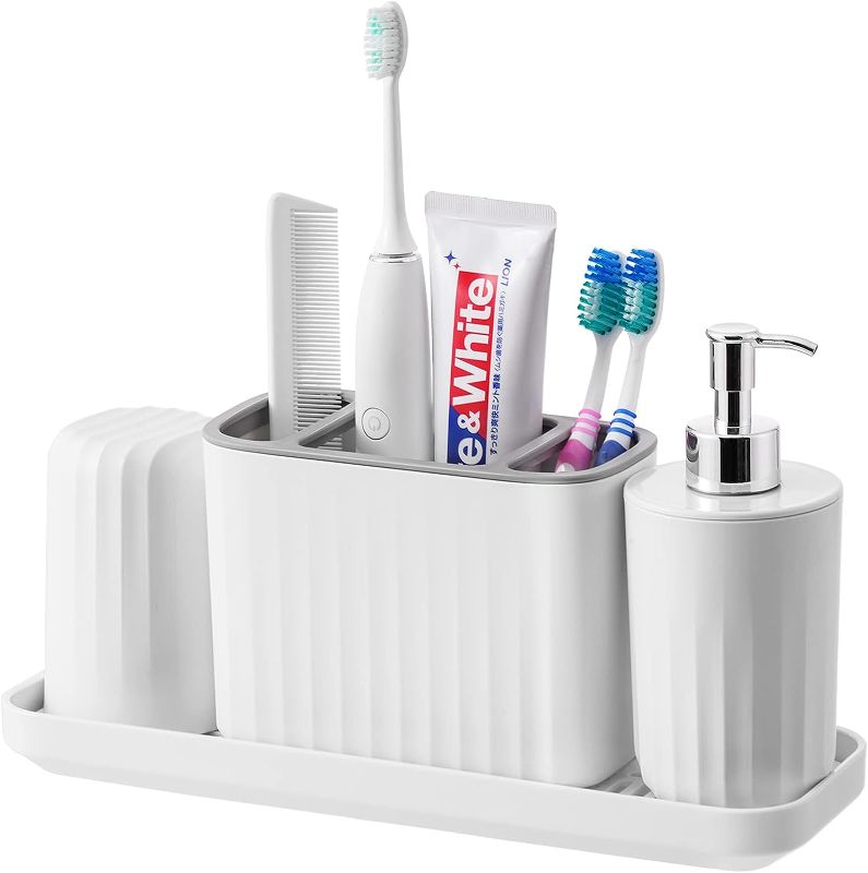 Photo 1 of VITVITI Plastic Toothbrush Holder, Bathroom Organizer Countertop, Bathroom Counter Asseccories Storage Set with Tumbler, Soap Dispenser, Drainage Tray, for Bathroom/Toothpaste/Kids - White
