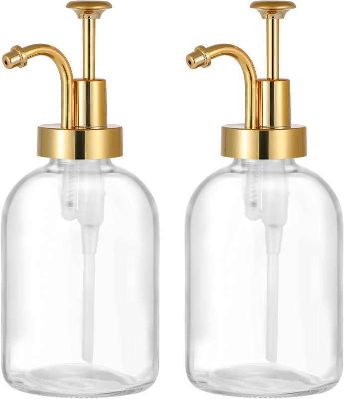 Photo 1 of 2 Pack Thick Clear Glass Jar Soap Dispenser with Gold Pump, 17oz Clear Boston Round Bottles Dispenser with Rustproof Pump, Dish Soap Dispenser for Kitchen Soap Dispenser Set
