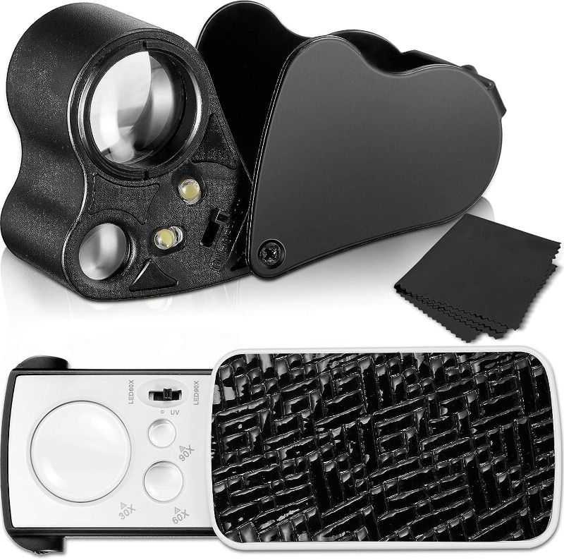 Photo 1 of 2 Pieces Jewelers Loupe 30X 60X 90X Illuminated Jewelers Eye Loupe Magnifier Jewelry Magnifying Glass Loop with UV Black Light and Bright LED Light for Jewelry Diamond Gem Coin Stamp Rock (Black)
