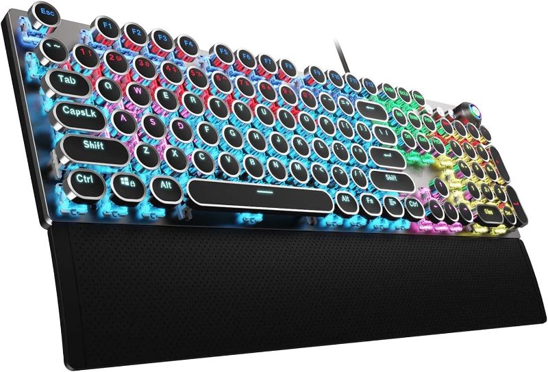 Photo 1 of AULA F2088 Typewriter Style Mechanical Gaming Keyboard Blue Switches,Rainbow LED Backlit,Removable Wrist Rest,Media Control Knob,Retro Punk Round Keycaps,USB Wired Computer Keyboard
