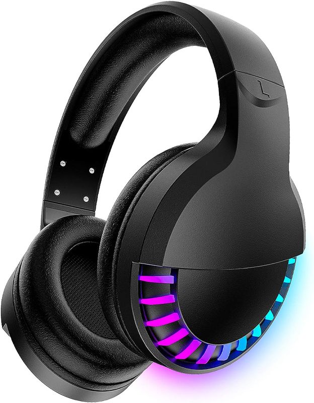 Photo 1 of Wireless Bluetooth Headphone with Noise Cancellation HiFi Stereo Sound Mic Deep Bass Protein Earpad Rainbow RGB Backlight Rechageable Over Ear Headset for PC Mac Game Travel Class Home Office(Black)
