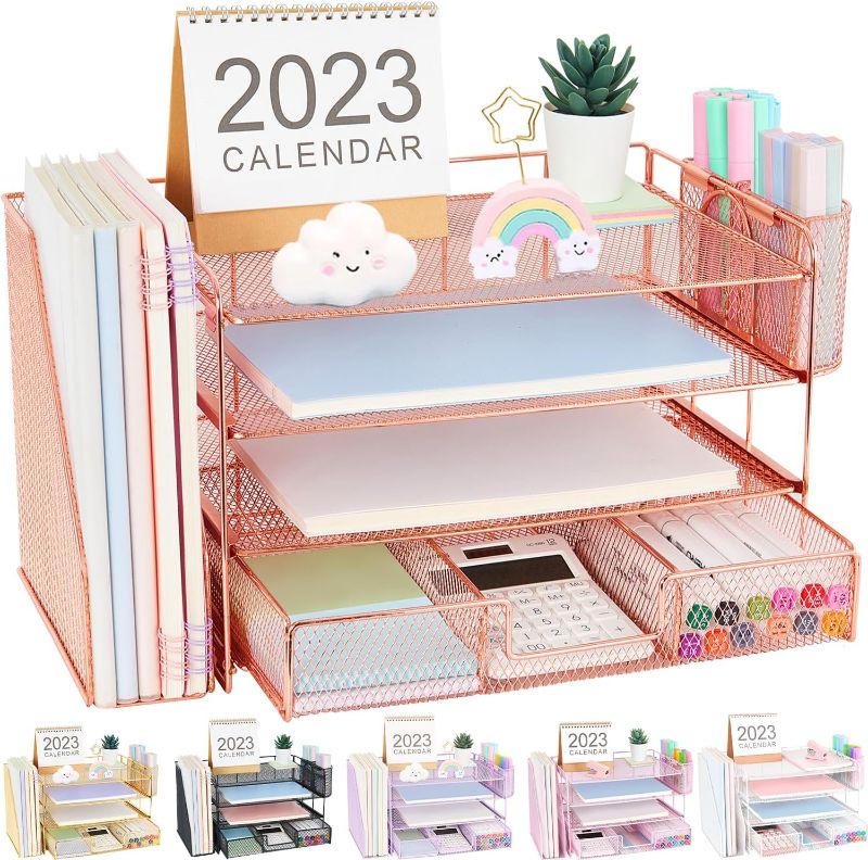 Photo 1 of OPNICE Desk Organizers and Accessories, Desk Organizer with Drawer, 4-Tier Paper Tray Organizer with 2 Pen Holders + File Holder, Office Desk Accessories for Office Supplies(Rose Gold)
