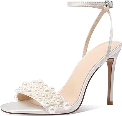 Photo 1 of amiuwen Women Pearl Wedding Stilettos Sandals,Concert,Party,Bridal,Ankle Strap,Open Square Toe,4" Heel,Sexy,Elegant,Style
