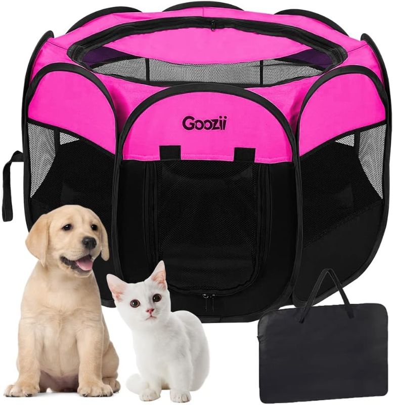 Photo 1 of GOOZII Pet Cat Playpen for Indoor Cats Enclosed, Portable Foldable Dog Playpen Outdoor Tent Crate Cage with Zipper Top Cover Door for Kitten Puppy Outside Rv Car Camper (Small Size, Pink)
