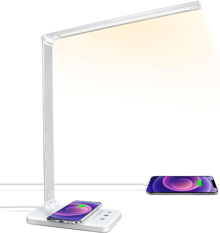 Photo 1 of JOSTIC LED Desk Lamp with Wireless Charger, USB Charging Port, Desk Light with 10 Brightness, 5 Color Modes, Dimmable Eye Caring Reading Desk Lamps for Home Office, Touch Control, Auto Timer, White
