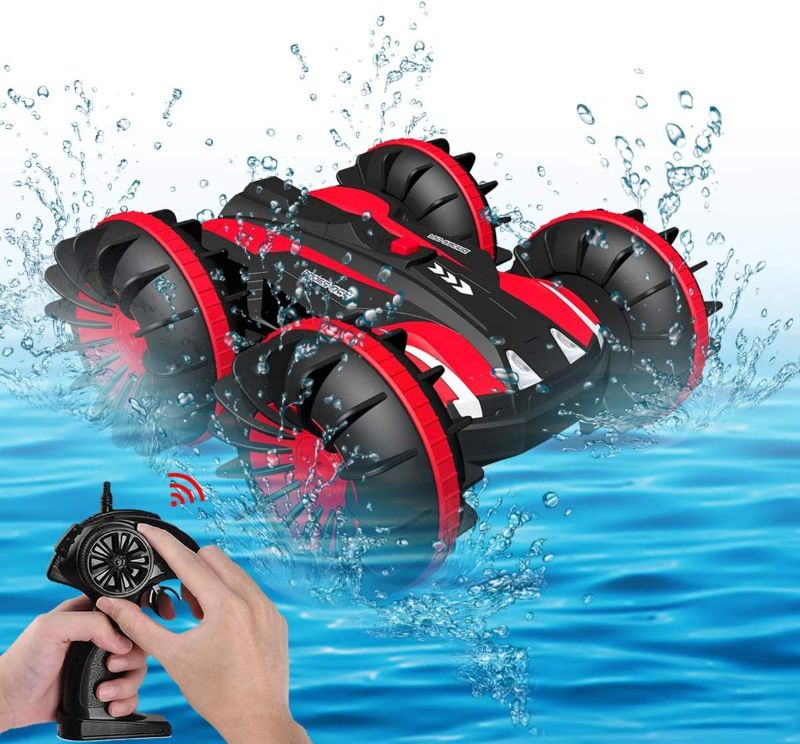 Photo 1 of Seckton Toys for 6-10 Year Old Boys Amphibious RC Car for Kids 2.4 GHz Remote Control Boat Waterproof RC Monster Truck Stunt Car 4WD Vehicle Girls Gift All Terrain Water Beach Pool Toy (Red)
