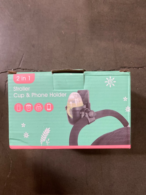 Photo 2 of Stroller Cup Holder 2 in 1 Phone & Bottle Holder with Anti-slip Pad Universal Cup Holder Rack for Buggy with Adjustable Clamp
