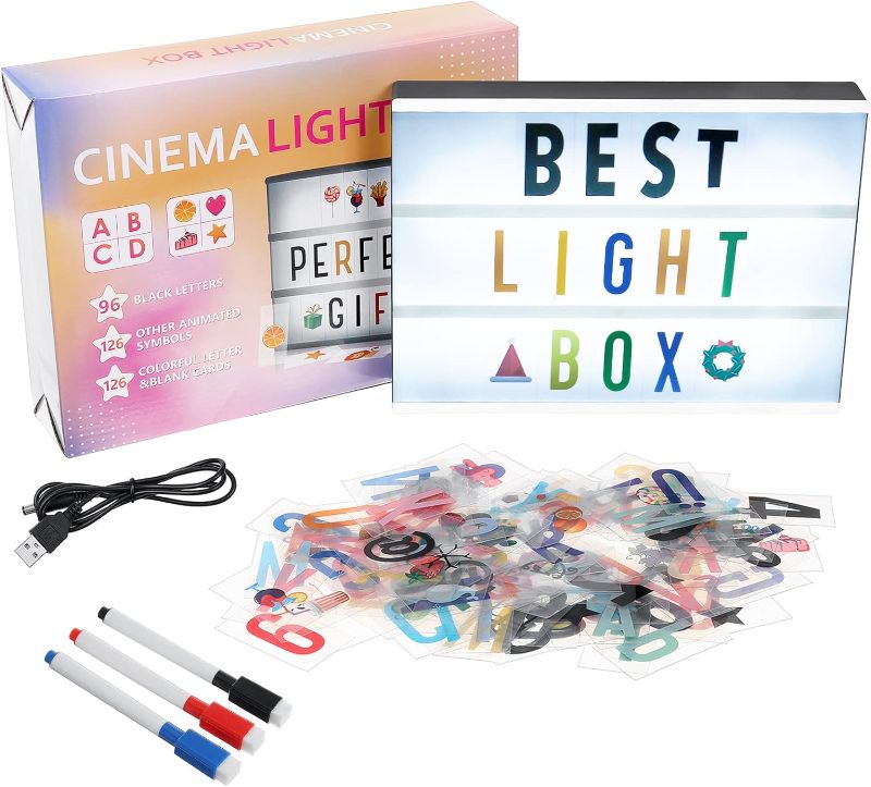 Photo 1 of Cinema Light Box, BSHAPPLUS Light Up Sign Letter Board with 348 Letters & Symbols & 3 Markers & USB Charger, A4 Personalized & DIY LED Lightbox for Christmas, Wedding, Birthday, Parties, Anniversary, Festival
