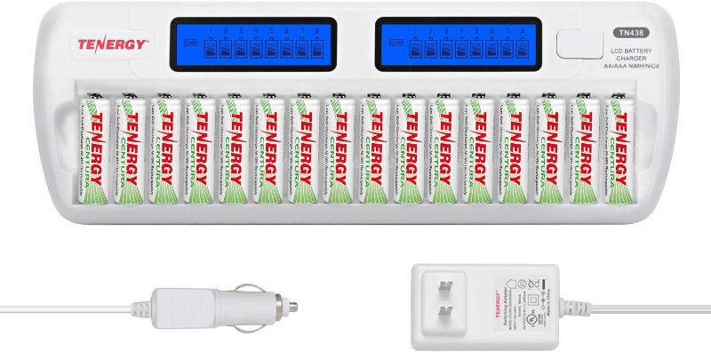 Photo 1 of Tenergy Centura AA Rechargeable Batteries Low Self-Discharge and TN438 16-Bay Smart Battery Charger, 16 Pack AA Batteries and Charger
