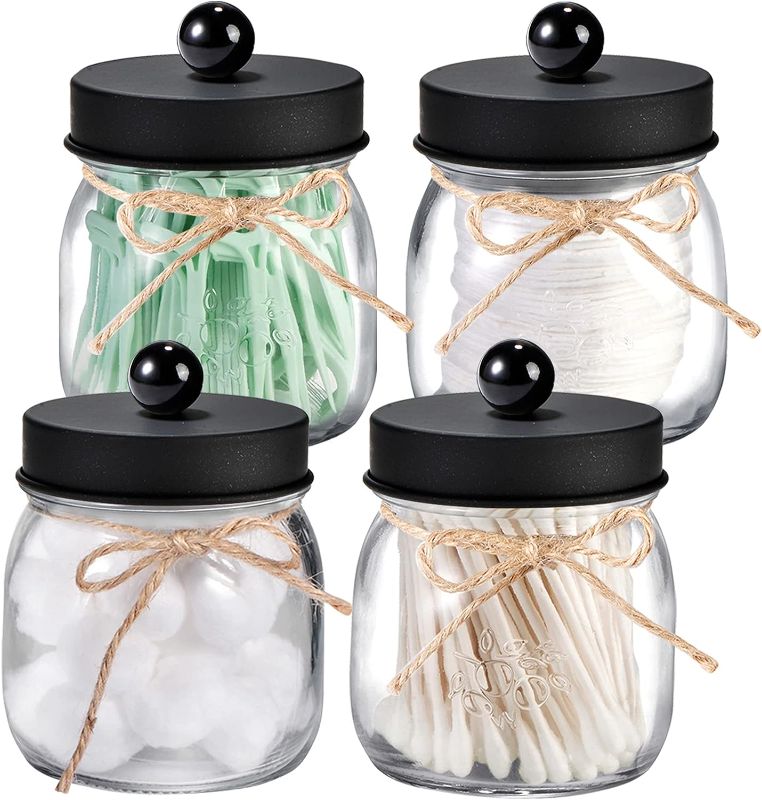 Photo 1 of Farmhouse Rustic Decorative Mason Jars, Bathroom Vanity Storage Organizer Canisters,Cute Glass Apothecary Jars with Stainless Steel Lid for Cotton Swabs,Rounds,Balls,Floss Picks,4 Pack (Clear/Black)

