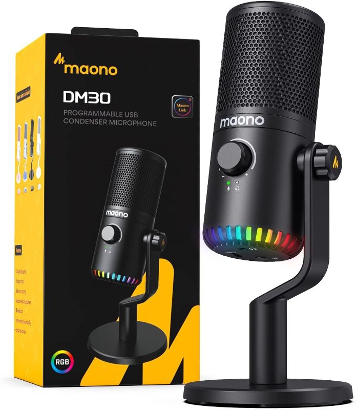 Photo 1 of MAONO USB Gaming Microphone for PC, Programmable Condenser Mic with RGB Light, Mute, Gain, Monitoring, Volume Control for Streaming, Podcast, Twitch, YouTube, Discord, Computer, Mac, PS5, DM30 (Black)
