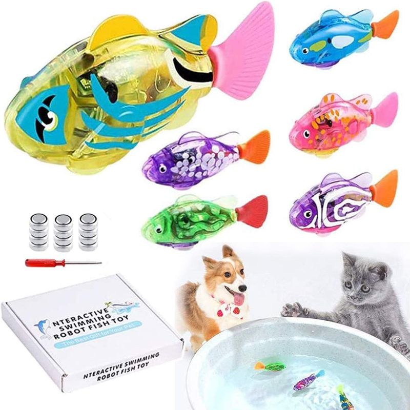 Photo 1 of LAVIZO Interactive Robot Fish Toys for Cat/Dog(6 Pcs), Activated Swimming in Water with LED Light, Swimming Bath Plastic Fish Toy Gift to Stimulate Your Pet's Hunter Instincts
