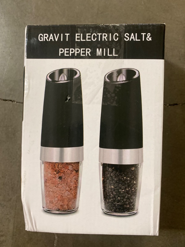 Photo 2 of Gravity Electric Pepper and Salt Grinder Set, Adjustable Coarseness, Battery Powered with LED Light, One Hand Automatic Operation, Stainless Steel Black, 2 Pack
