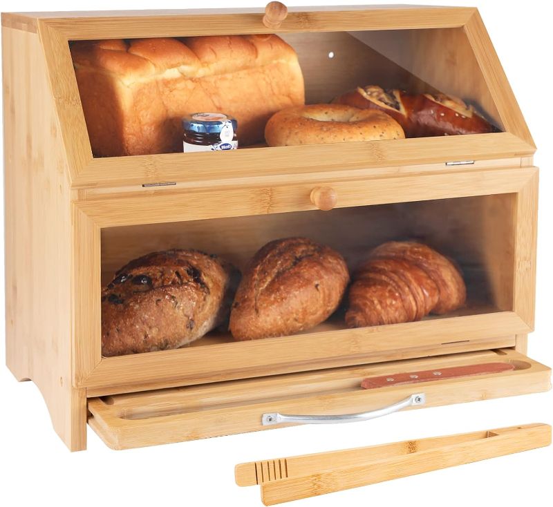 Photo 1 of MAISONPEX Double Layer Bamboo Bread Box for Kitchen Countertop, Cutting Board, and Stainless Steel Bread Knife, Large Capacity Storage Container with Clear Windows (Self-Assembly)
