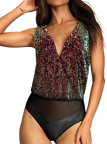 Photo 1 of FAIABLE Sequin Tops Bodysuit for Women Sparkly Tops Sleeveless Tank Top Deep V Backless Sexy Bodysuit for Women
(L)