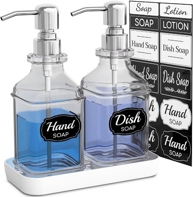 Photo 1 of LMQML Soap Dispenser - 2 Pack, Antique Design Thick Glass Hand Soap Dispensers with Sturdy Tray
