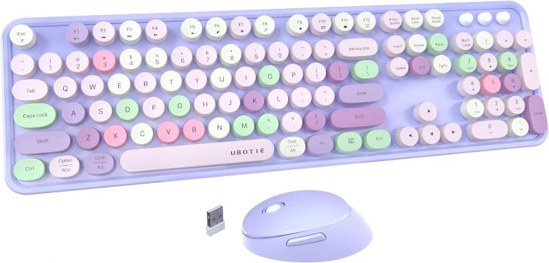 Photo 1 of UBOTIE Colorful Computer Wireless Keyboard Mouse Combos, Typewriter Flexible Keys Office Full-Sized Keyboard, 2.4GHz Dropout-Free Connection and Optical Mouse (Purple-Colorful)
