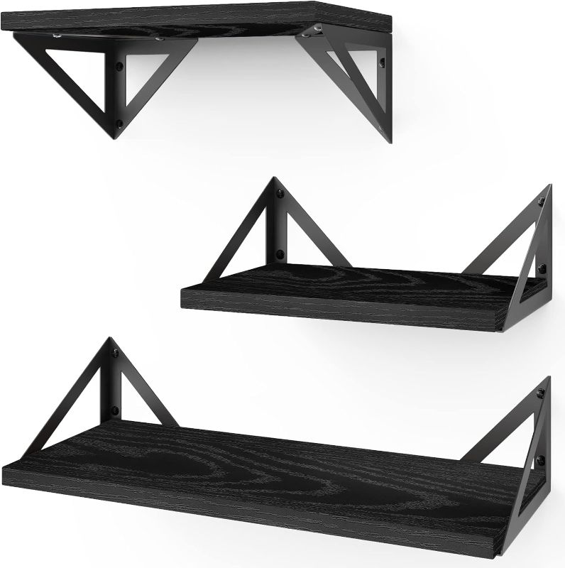 Photo 1 of BAYKA Floating Shelves for Bedroom Decor, Rustic Wood Wall Shelves for Living Room Wall Mounted, Hanging Shelving for Bathroom, Laundry Room, Small Shelf for Plants, Books(Black,Set of 3)

