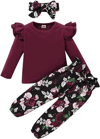 Photo 1 of YALLET 3Pcs Toddler Girl Clothes,Solid Color Long Sleeves Ruffle Top+ Floral Pant +Floral Headband
(18-24 Months)