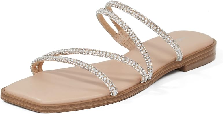 Photo 1 of vodvob Women's Rhinestone Flat Sandals Slip on Memory Foam Sandals Open Toe Slide Sandals
(7)