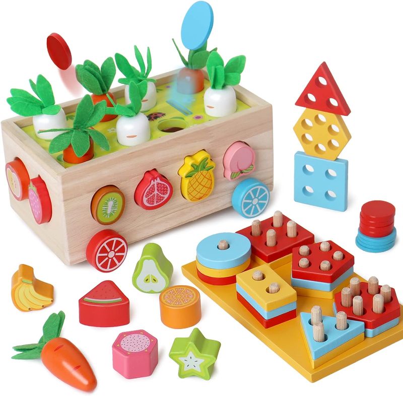 Photo 1 of BEAUAM Toddlers Montessori Educational Toys for Boys 2 3 4 Year Old Girls, Wood Shape Classification Toys for Gifts for Children 2-4, Wood Preschool Carrot Harvest Game
