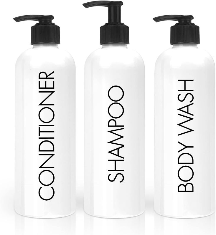 Photo 1 of 17 OZ Reusable Shampoo and Conditioner Dispenser (Pack of 3) - Screen Printed Bottles - Modern Empty & Refillable Shampoo Conditioner Body Wash Dispenser for Shower, Hotels, SPA, Airbnb Room, Bathroom
