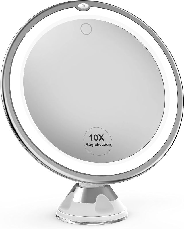 Photo 1 of Upgraded 10x Magnifying Lighted Makeup Mirror with Touch Control, Powerful Locking Suction Cup, and 360 Degree Rotating Arm, Magnifying Mirror with Lights for Home, Bathroom Vanity and Travel
