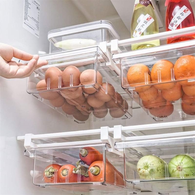 Photo 1 of YekouMax Fridge Drawer Organizer, Refrigerator Organizer Bins, Pull Out with Handle, Fridge Shelf Holder Storage Box, Clear Container for Food,Drinks,Fit for Fridge Shelf Under 0.6" (1 Pack Medium)
