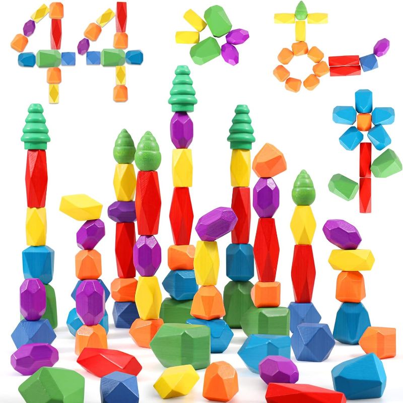 Photo 1 of 44PCS Sensory Toddler Wooden Stacking Rocks Toys for Boys & Girls Ages 3+ Year Old Building Blocks Montessori Preschool Educational STEM Toys for Kids Birthday Gifts Safe Creativity Rainbow Stones
