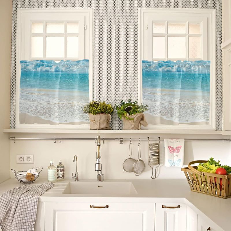 Photo 1 of Kitchen Curtains and Valance Set Blue Sky and Sea Beautiful Beach Kitchen Curtain Set 