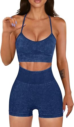 Photo 1 of OQQ Workout Outfit for Women 2 Piece Seamless Acid Wash High Waist Shorts With Sports Bra Exercise Set
(L)