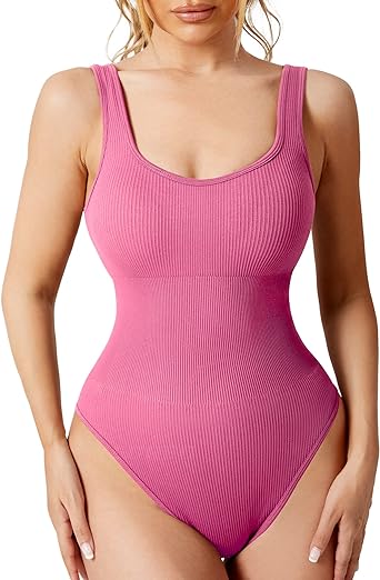 Photo 1 of YEOREO Glowy Bodysuit for Women Ribbed Sleeveless Bodysuit Square Neck Bodysuit Sexy Shapewear Tops
