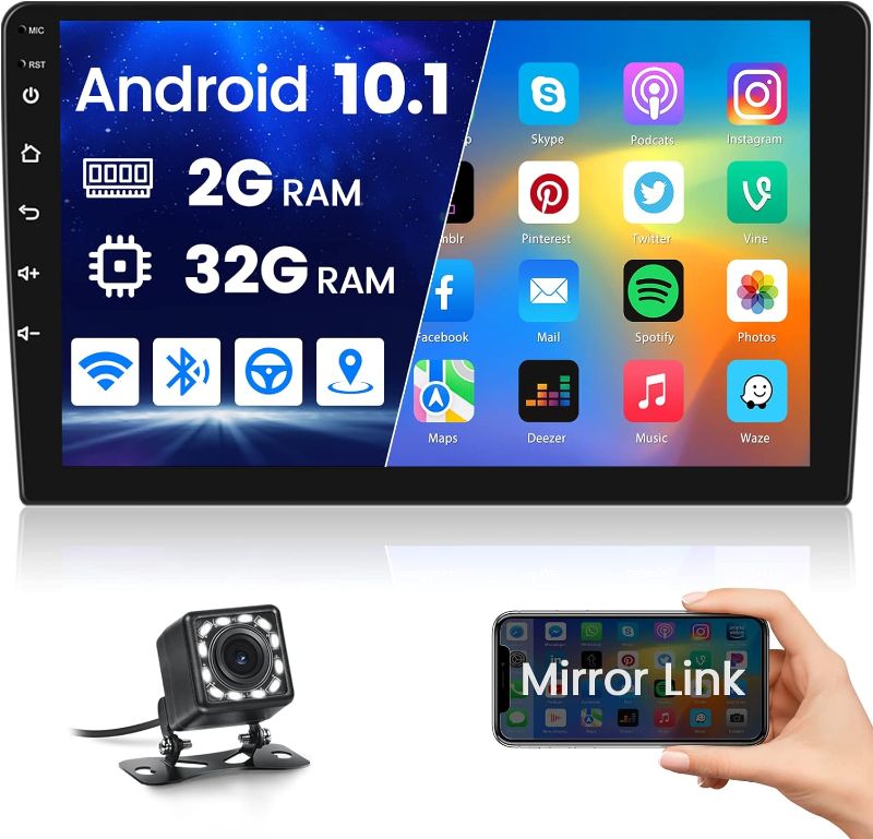 Photo 1 of 2G+32G Double Din 10.1 Inch Android Car Stereo Touchscreen Car Audio Receivers with Bluetooth Car Radio Support WiFi Connect Mirror Link GPS Navigation FM Audio Receivers with Backup Camera Input
