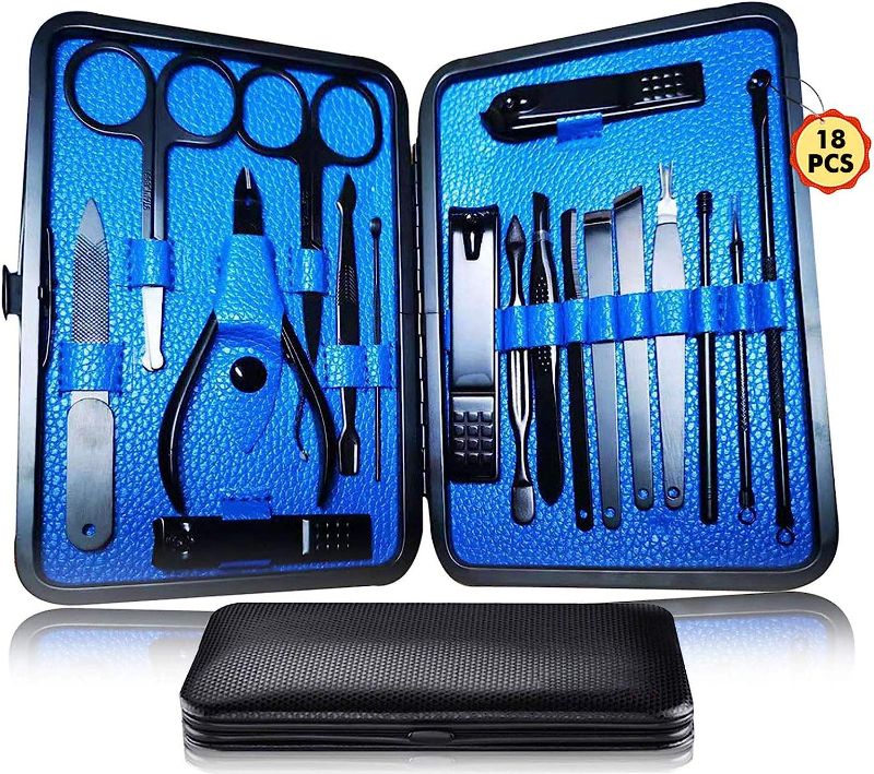 Photo 1 of Manicure Pedicure Kit Nail Clippers Set 18 in 1 High Precision Stainless Steel Cutter File Sharp Scissors for Men & Women Fingernails & Toenails Vibrissac Scissors with Stylish Case (Blue_18in1)
