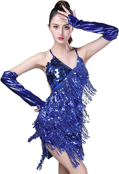 Photo 1 of Women Salsa Latin Dance Dress Sequin Tassel Fringe Flapper Dress 1920s Gatsby Party Rumba Dress with Long Opera Finger Gloves (L)
