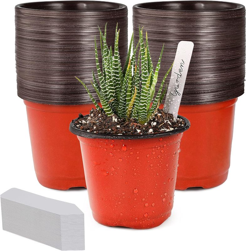 Photo 1 of TDHDIKE 4" Small Plastic Plant Nursery Pot/Pots (100pcs) Seedlings Flower Plant Container (Red) Seed Starting Pots Indoor Outdoor, Come with 100pcs Plant Labels
