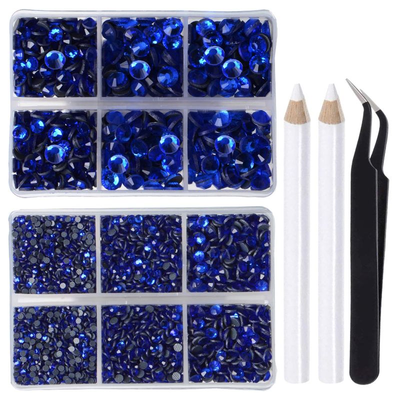 Photo 1 of LPBeads 6400 Pieces Hotfix Rhinestones Sapphire Flat Back 5 Mixed Sizes Crystal Round Glass Gems with Tweezers and Picking Rhinestones Pen
