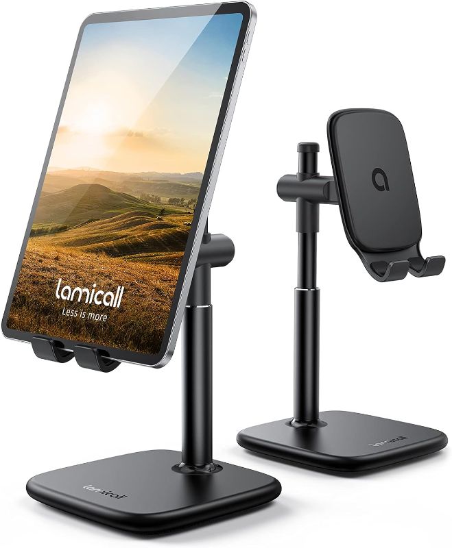 Photo 1 of Lamicall Tablet Stand, Desktop Tablet Holder - Height Adjustable Tablet Dock for Desk, Tablet Mount with 1.5lb Heavy Base, for iPad Pro 12.9, Mini, Air, Kindle, Galaxy Tabs and 4~12.9" Tablet, Black
