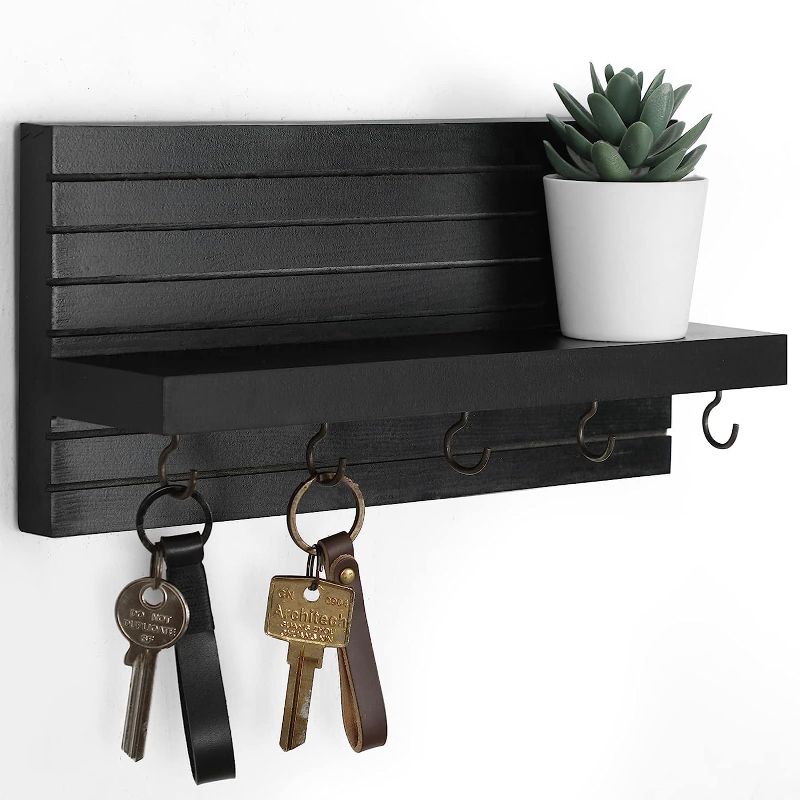 Photo 1 of Decorative Key Holder for Wall with Shelf, Entryway Shelf with Hooks Holds Leashes, Jackets and Glasses – Sturdy Wood Keyholder Entrance Hanger with Mounting Hardware