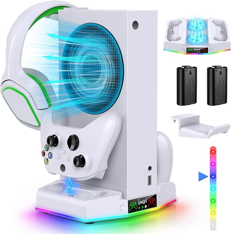 Photo 1 of Cooling Stand & Charging Station for Xbox Series S with RGB Light Strip,Dual Charger of Controllers and Cooler Fan for XSS Console Accessories with 2*1400mAH Rechargeable Battery Pack,1*Headphone Hook
