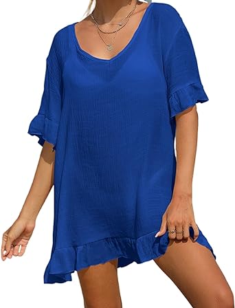 Photo 1 of Leezeshaw Women's V Neck Short Sleeve Loose Swimsuit Cover Up Blouses Shirts Ruffle Tie Back Cover Up Mini Dress
(S)