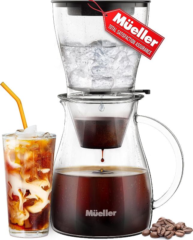 Photo 1 of Mueller QuickBrew Smooth Cold Brew Coffee and Tea Maker 47 oz, Dripper Iced Coffee Brewer Maker with Adjustable Water Flow, Stainless Steel Filter, Borosilicate Glass Carafe
