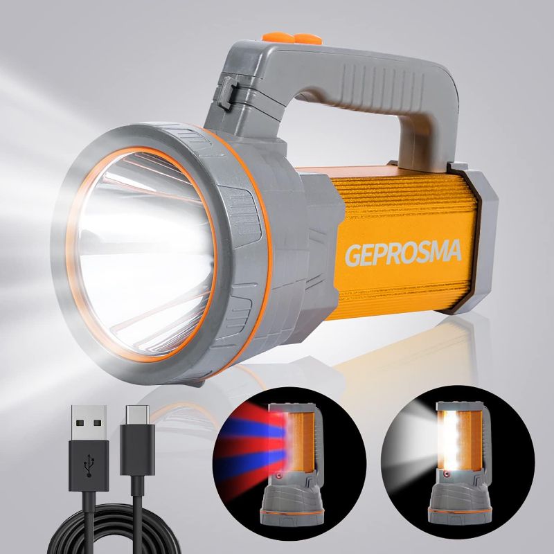 Photo 1 of GEPROSMA Multi Functions Rechargeable Flashlight High Lumens,Handheld Spotlight LED 6000 Lumens Super Bright, Large Battery 10000 Long Lasting Powerful Searchlight Plus Side Lantern,Home Outdoor
